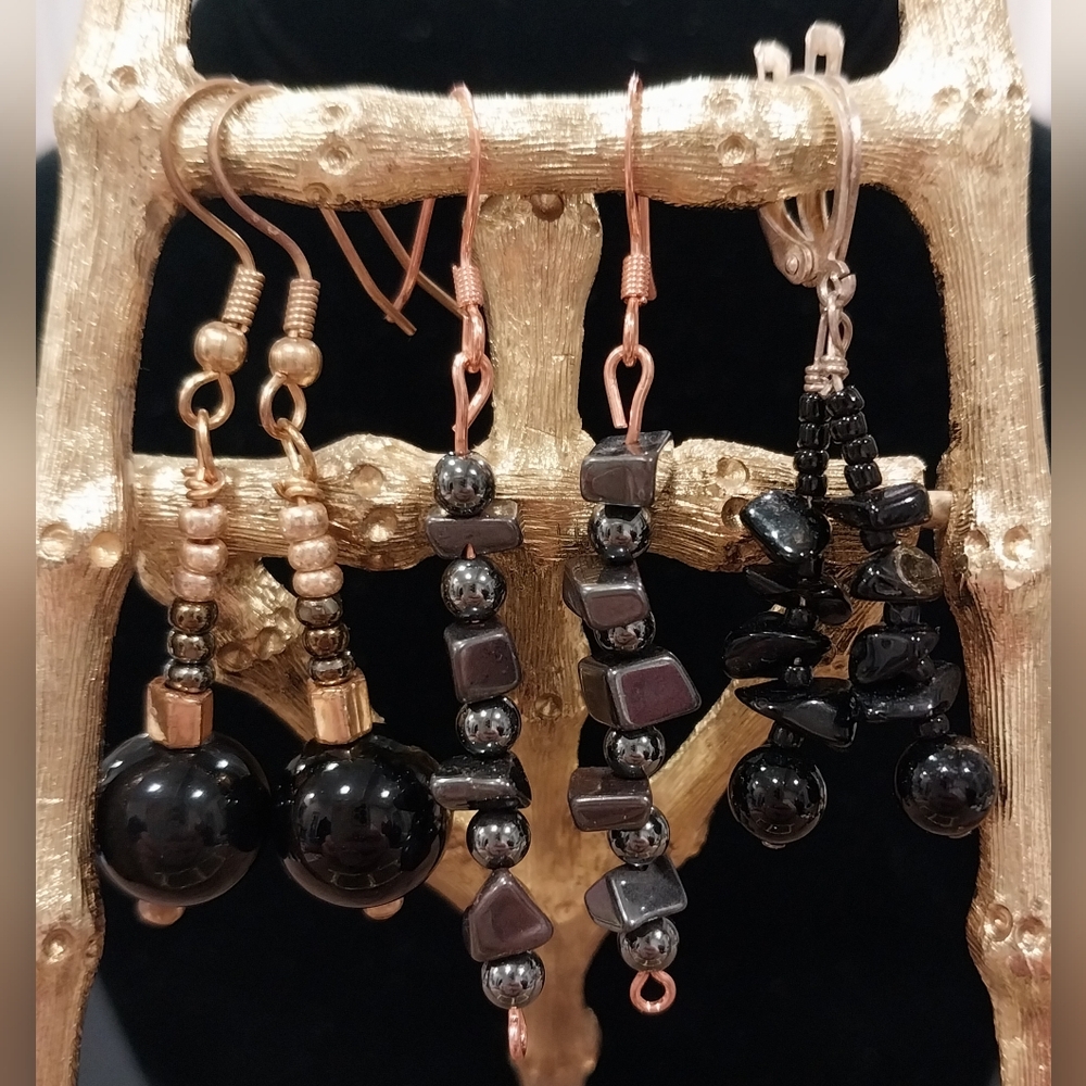 3 pair black stone bead drop Dangle earrings